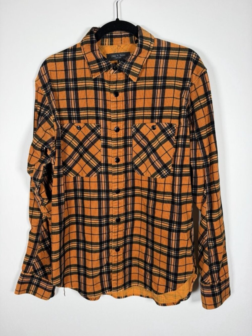 Rag & Bone orange black streetwear skater plaid corduroy shirt M Wyoming grunge
